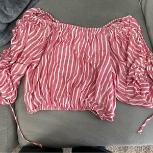 Striped Pink Off-Shoulder Crop Top with Ruched Sleeves